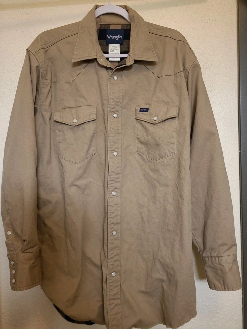 Wrangler Flannel Lined Workshirt Khaki Pearl Snap Front Western Shirt Jacket